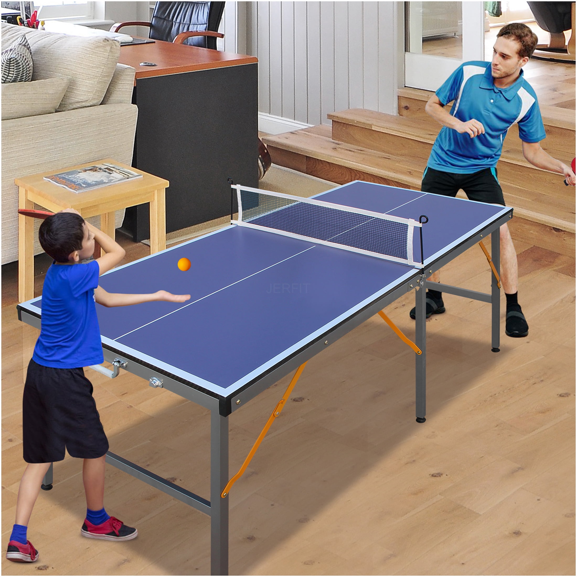 JERFIT 5ft Foldable Ping Pong Table Set with Net & Paddles, Professional MDF Top Indoor Table Tennis Table for Home & Office Games, Blue