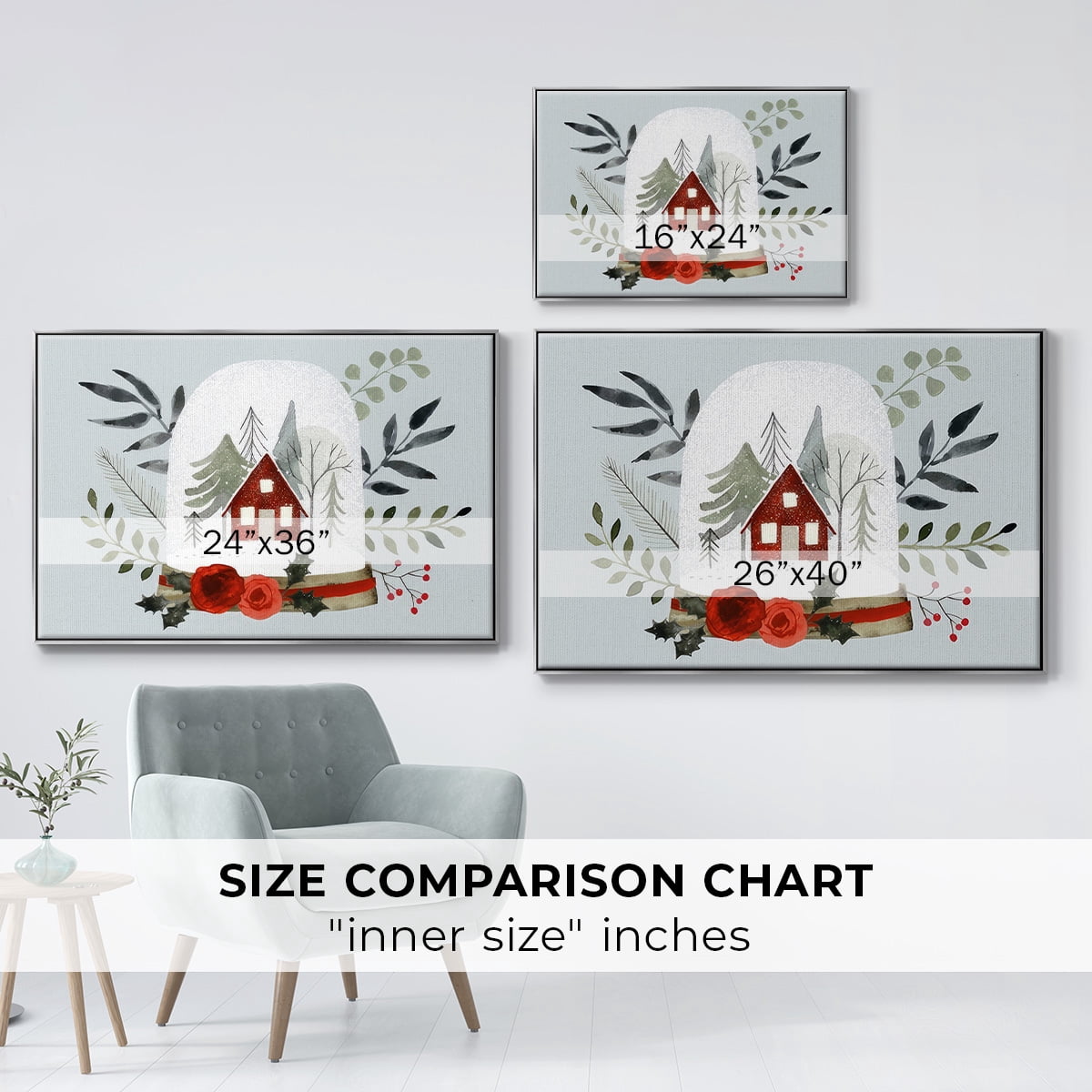 Snow Globe Village Collection A - Framed Gallery Wrapped Holiday Canvas - 27 x 41 - Silver Frame