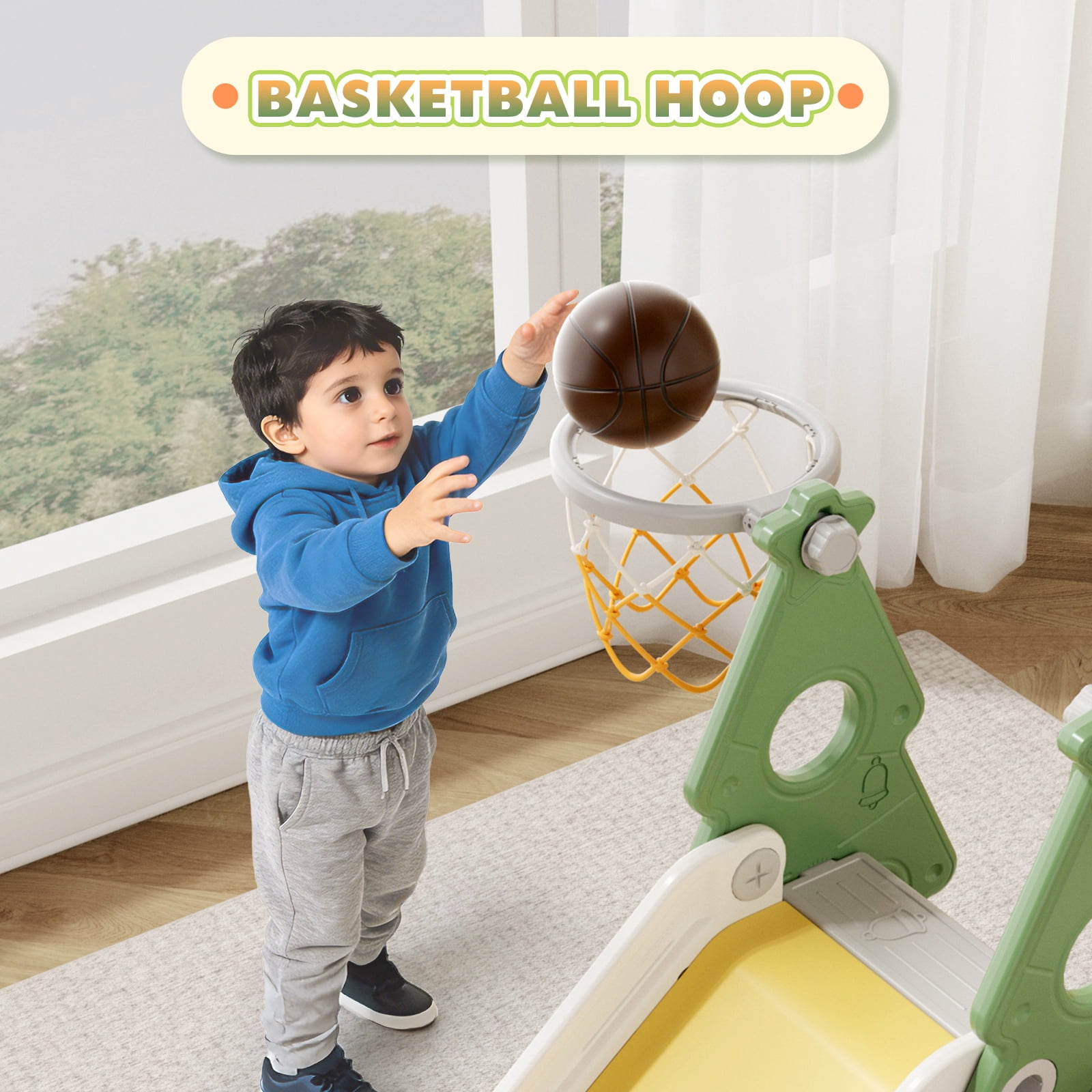 XJD 4-in-1 Toddler Slide and Swing Set, Kids Indoor Outdoor Playset with Basketball Hoop, Backyard Playground for Toddlers 1-3 Years Old, Green