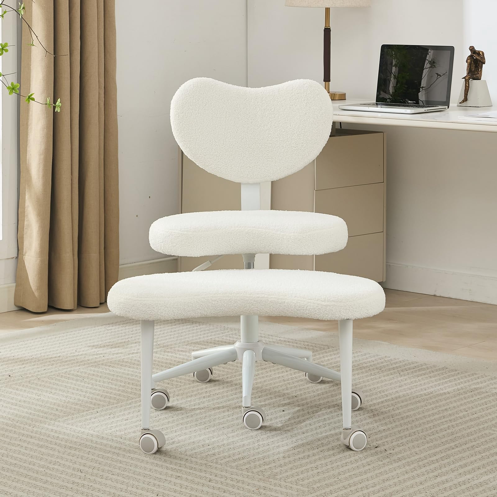 Pawverly Cross-Legged Meditation Chair with Wheels, Adjustable Height Yoga Office Chair with Lumbar Support, Ergonomic Criss Cross Desk Chair for Adults, Ivory Teddy