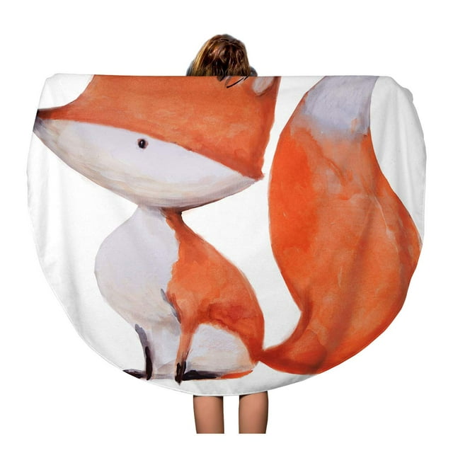JSDART Serviette de Plage Ronde 60 Pouces Couverture Colorée Bébé Mignonne Aquarelle Fox sur Dessin de Lapin Rouge Cercle de Voyage Serviettes Circulaires Tapis Tapisserie Jeté de Plage