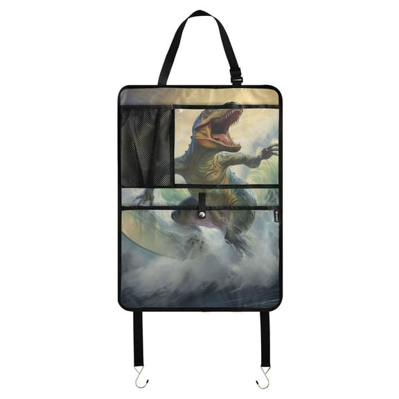 Dinosaur surfing epic wave ride(6) Car Seat Back Kick Protectors,3 Pack Kick Mats with Storage Pockets for Vehicles to Protect from Dirt, Mud & Scratches