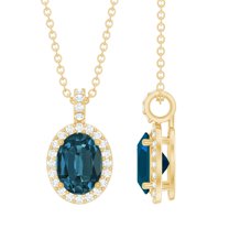 Rosec Jewels 4X6 MM Oval London Blue Topaz Pendant for Women with Diamond Halo, 18K Yellow Gold