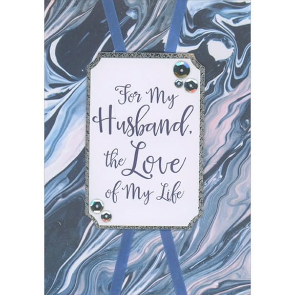 Designer Greetings Love of My Life: White 3D Banner with Silver Foil Border, Sequins and Blue Ribbon Hand Decorated Father's Day Card for Husband