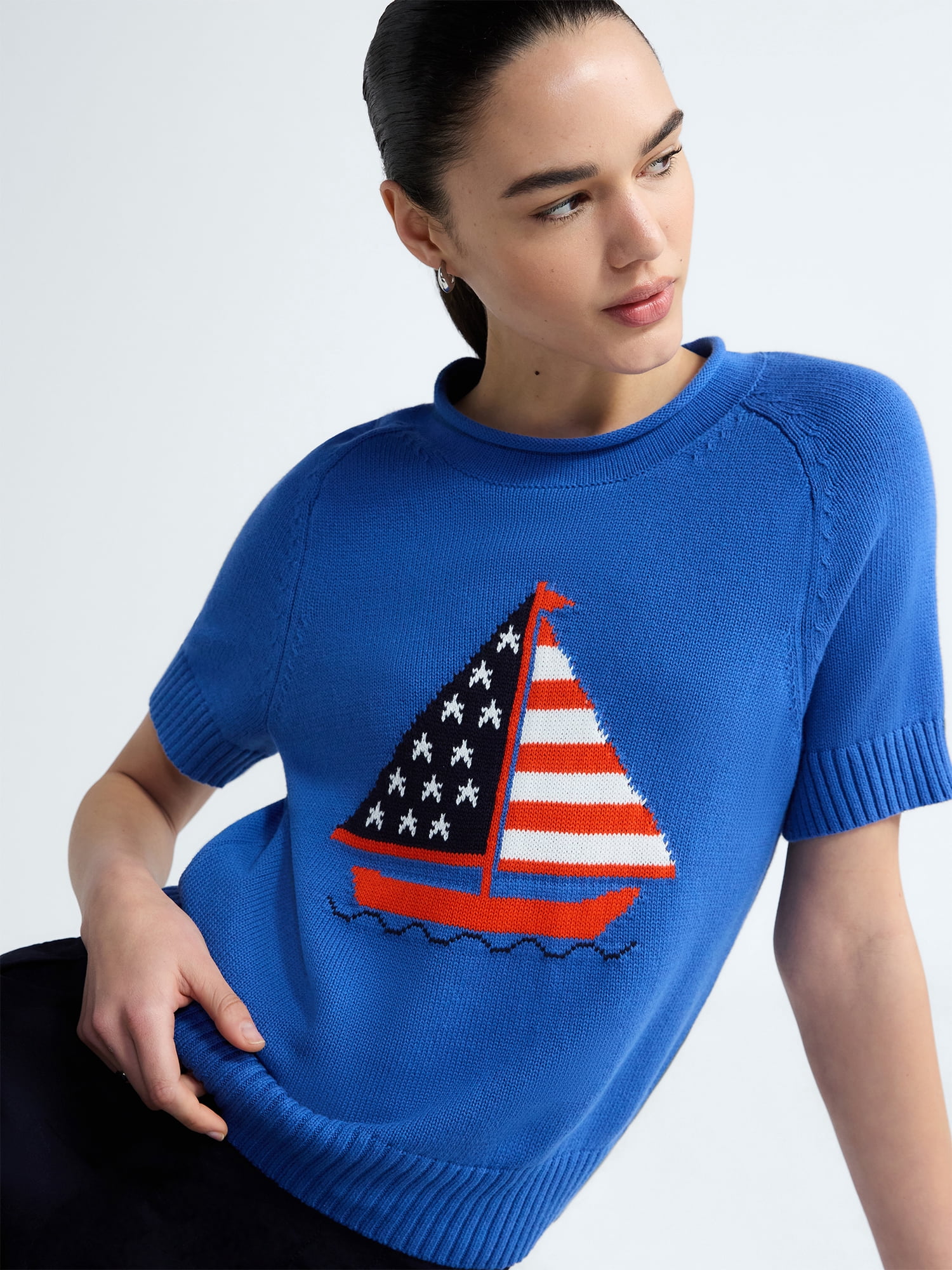 Free Assembly Women's and Women's Plus Roll Neck Cotton Sweater with Short Sleeves, Sizes XS-4X