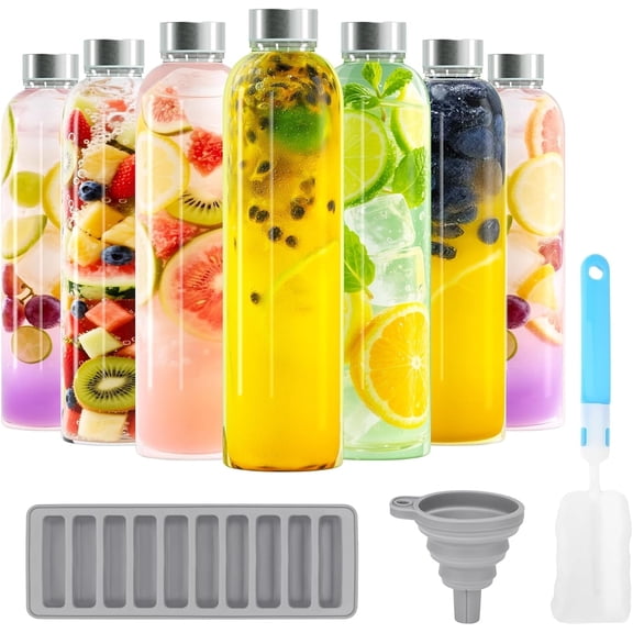 stusgo 18Oz Glass Bottles with Lids Set of 6,Bottle Containers for Liquid, smoothie bottle, BPA Free,Clear Glass Water Bottles with Stainless Steel Leak Proof Lids for Home, Office,Gym & Outdoors.
