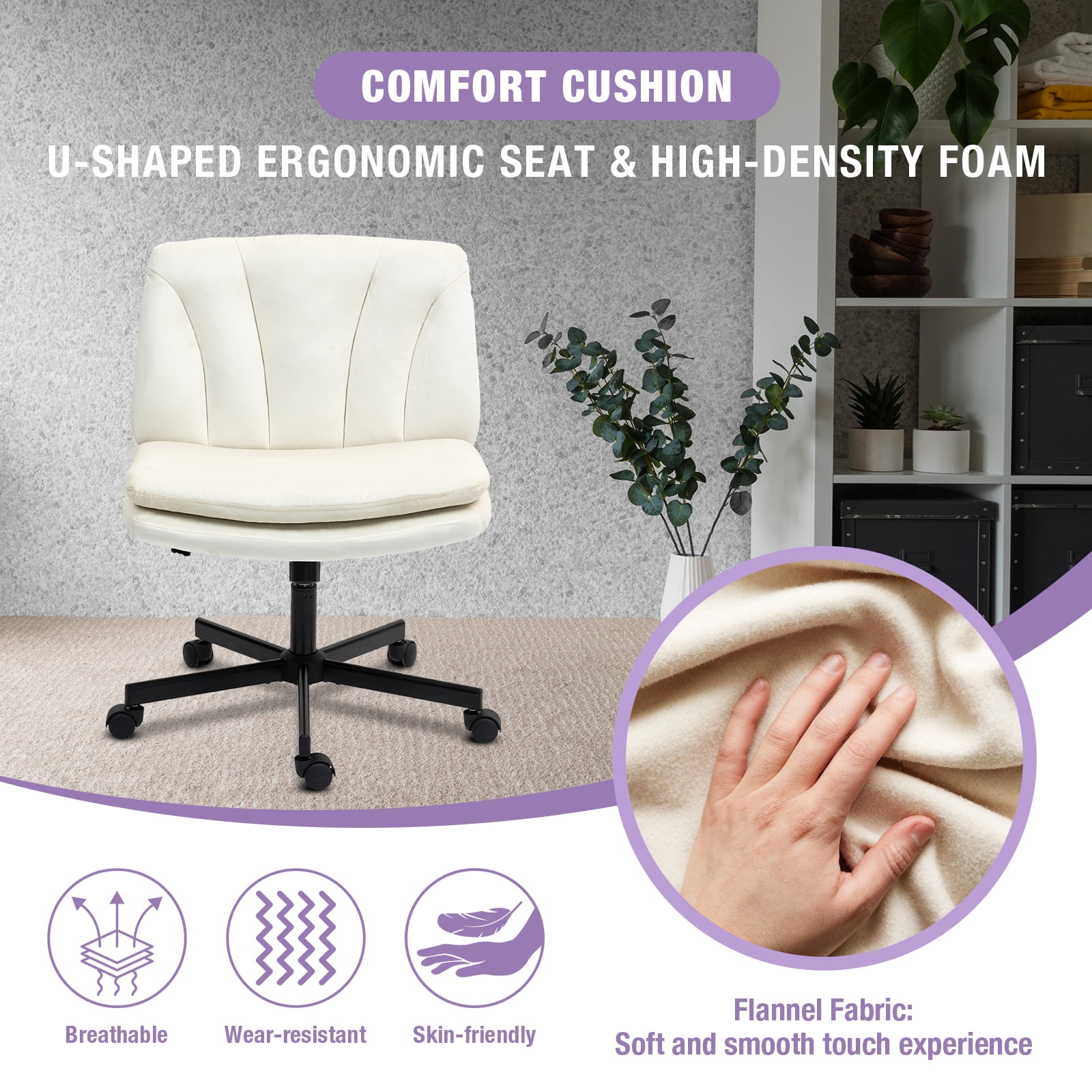 Criss Cross Legged Chair Ergonomic Home Office Desk Chair with Casters, Armless Wide Comfy Computer Task Seat Swivel Rolling Vanity Chair with Height Adjustable and Rocking Function, Beige