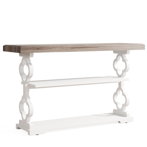 55" French Country Console Table - Farmhouse Sofa Table with 3 Storage Shelves, Grey & White Entryway Table for Hallway, Foyer & Living Room, Floral Carved Accent