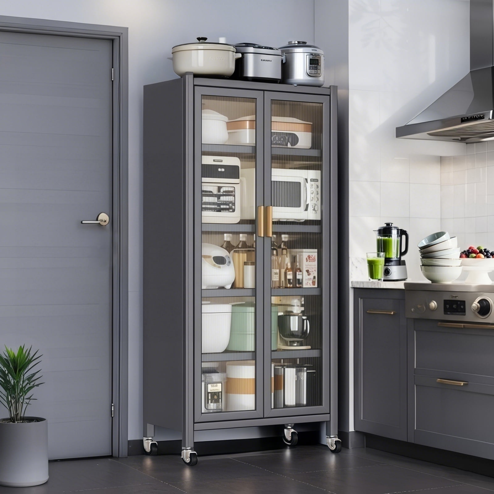 65" Kitchen Pantry Cabinet, 5 Tier Metal Display Storage Cabinet with Transparent Door, Adjustable Shelves & Wheels, Food Pantries Cabinets, for Kitchen, Living Room and Dining Room