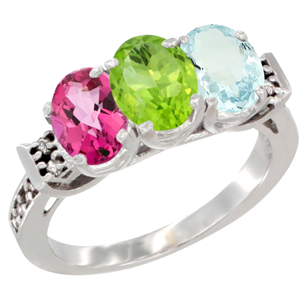 14K White Gold Natural Pink Topaz, Peridot & Aquamarine Ring 3-Stone 7x5 mm Oval Diamond Accent, sizes 5 10 by WorldJewels