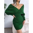 thumbnail image 5 of Women'S Cocktail Knitted Sweater Dress Long Sleeve Batwing Sleeve V-Neck Backless Mini Dress Green M, 5 of 8