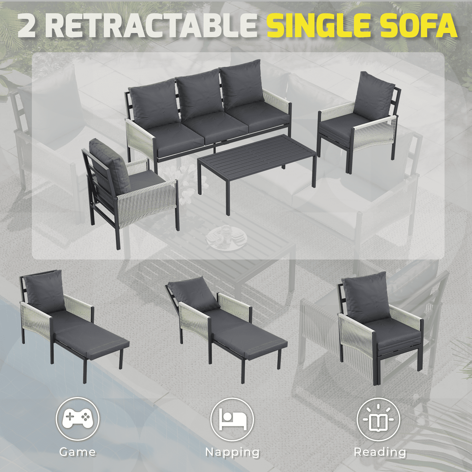 YODOLLA 4-Piece Patio Furniture Sets with 2 Convertible Lounge Chairs, Modular Outdoor Furniture 5 Seater Outdoor Conversation Set with Foldable Recliners in Dark Gray