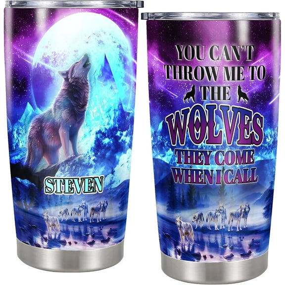 Personalized Wolf Tumbler Custom Name Stainless Steel Insulated Cups with Lid 20oz Travel Coffee Mug Gift for Birthday Son Men Dad