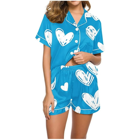 Tnhcen Valentine's Day Women's Sexy Heart print Short Sleeve Pajama Sets Casual V Neck 2 Piece Homewear Sets S-2XL
