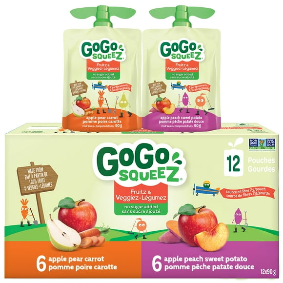 Assortiment de gourdes de compotes Fruitz & Légumez GoGo squeeZ, Pomme poire carotte, Pomme pêche patate douce, Sans sucre ajouté. 90 g par gourde, paquet de 12, 1,08 kg