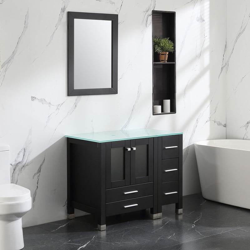 Walsport 36" Luxurious Bathroom Vanity with Sink Combo Cabinet Blue Tempered Glass Vessel Sink Bowl Faucet Drain Combo,Black