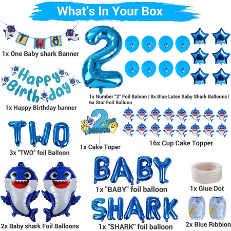 Baby Shark 2nd Birthday Decorations for Boy, Baby Shark Party Supplies Two Two Balloons, Cake Topper, Cupcake Toppers