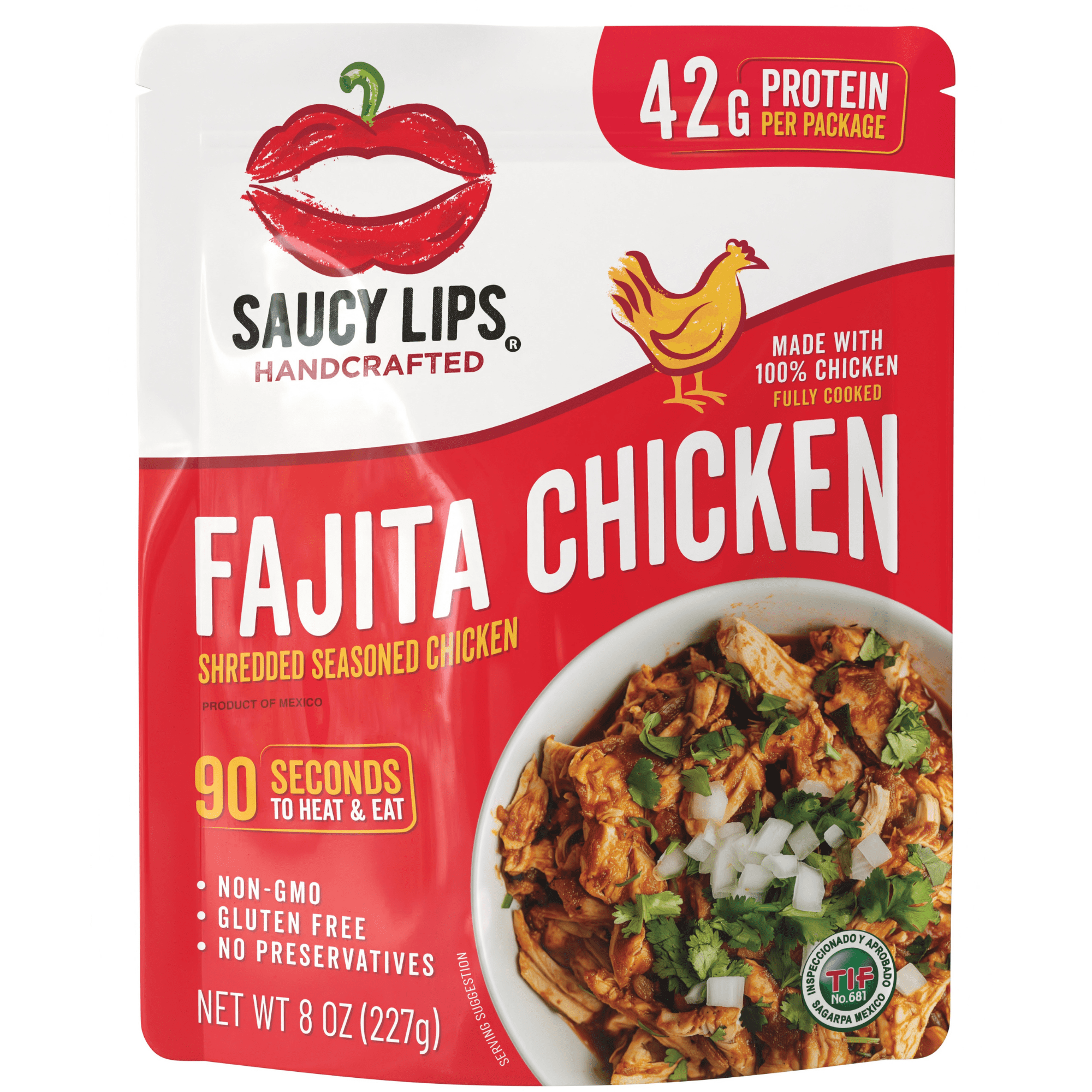 (6 pack) Saucy Lips Ready-To-Eat Fajita Shredded Chicken, Shredded & Seasoned, 42g Protein, 8 oz Pouch