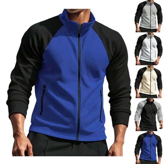 Men Casual Lightweight Bomber Jacket Stand Collar Zipper Closure Solid Color Long Sleeve Waffle Jackets Color Block Varsity Coat Blue