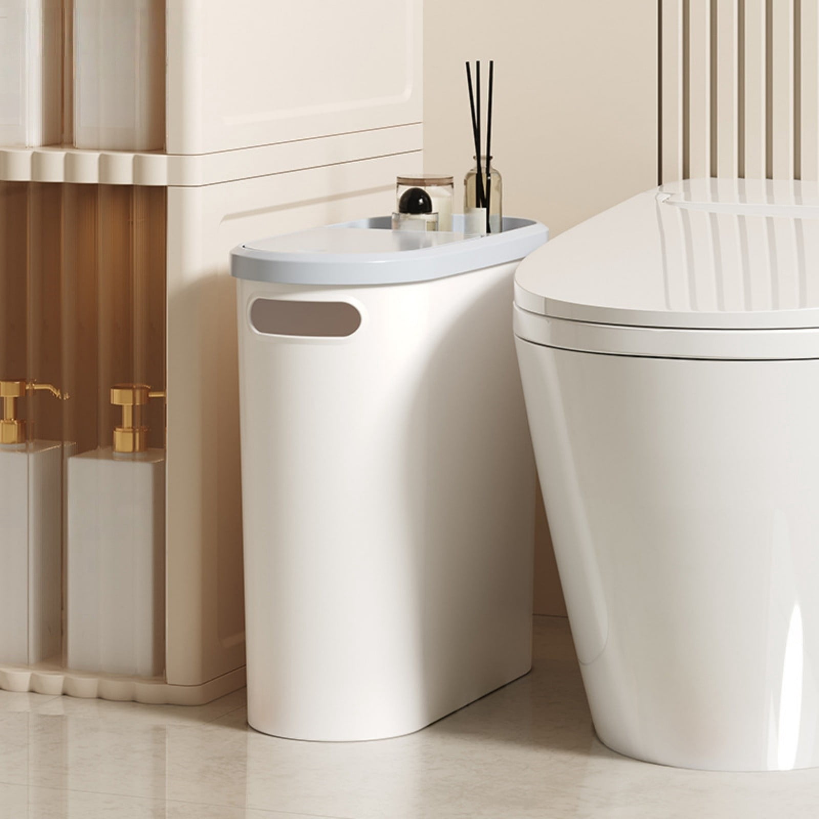 Small Bathroom Can with Lid, 2.6 Gallon / 10L Slim Garbage Bin with Pop-Up Top, Mini Waste Basket for Kitchen, Bedroom, Office, Laundry, or Toilet, Space-Saving Design