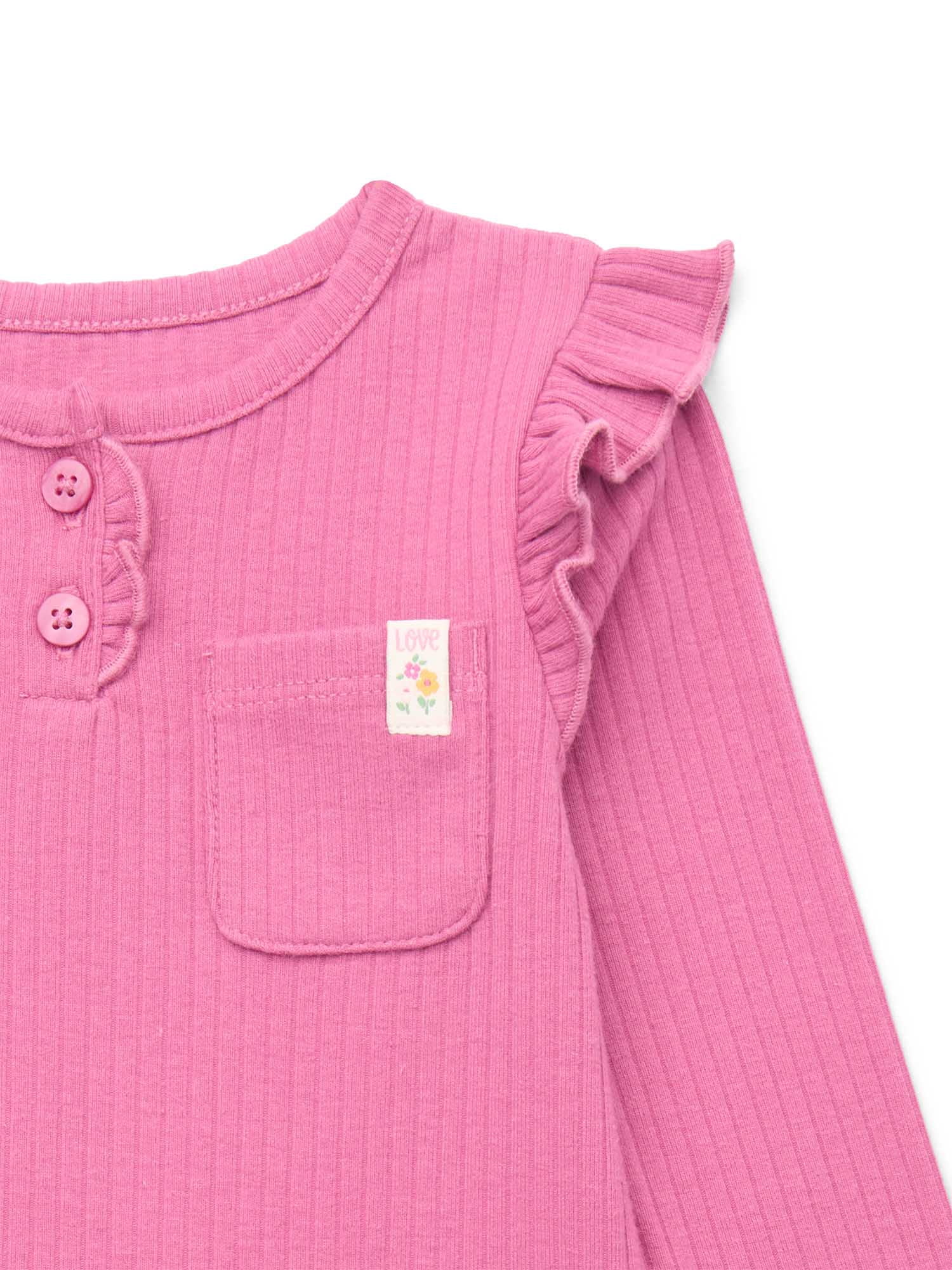 Garanimals Baby Girl Henley Bodysuit with Front Pocket and Long Sleeves, Sizes 0-24 Months