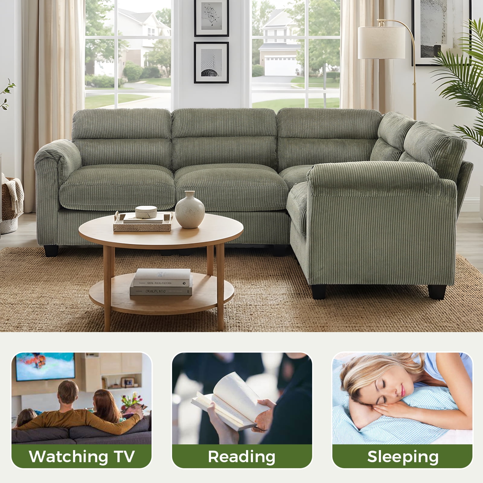 Bonzy Home Modular Sectional Sofa, L‑Shaped Couch, Ultra‑Comfort Seating – Configurable for Living Room & Family Room; Green