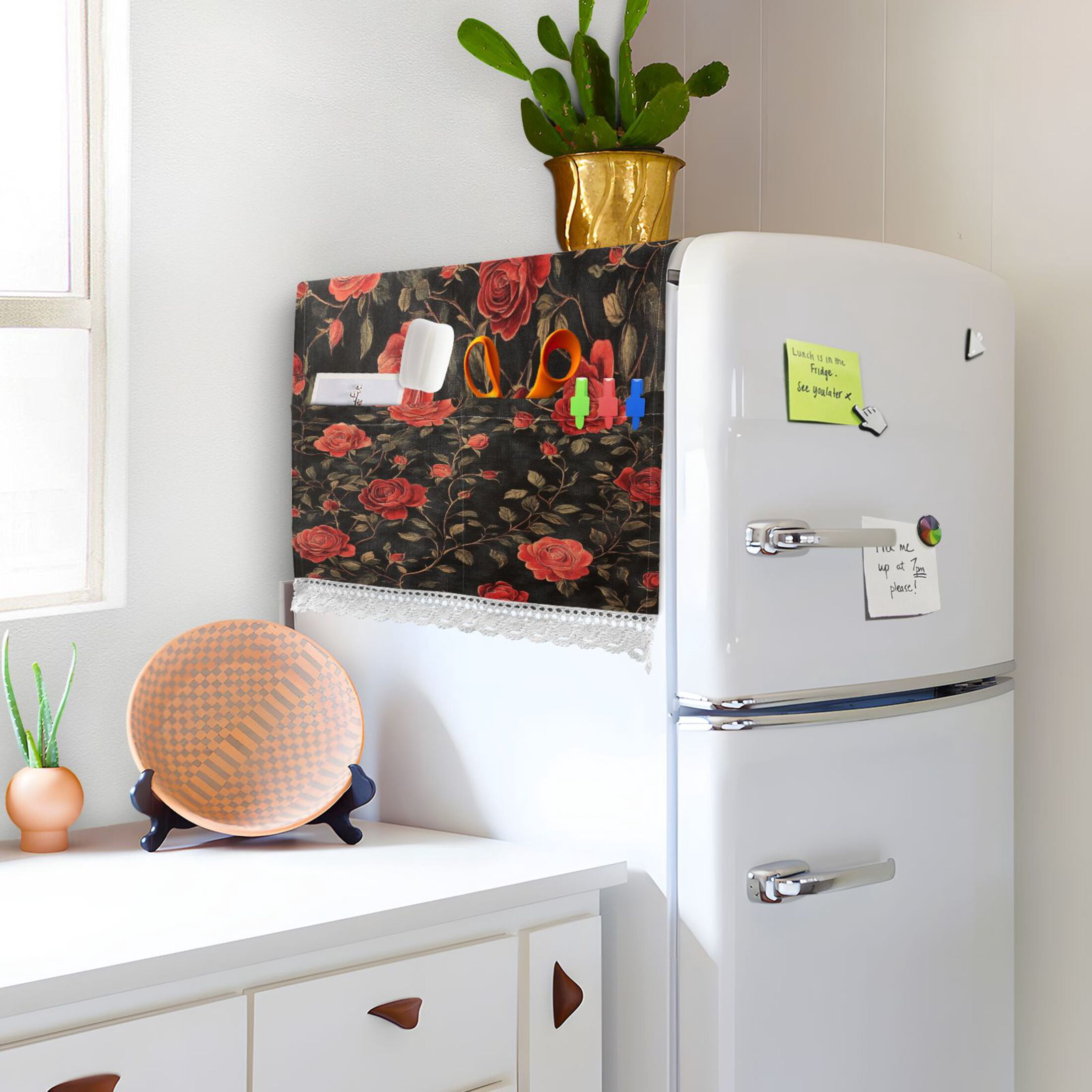 Red RoseWasher and Dryer Covers Dust-Proof and Oil Resistant Fridge Cover with 4 Storage Pockets Washing Machine Top Cover for Laundry Kitchen Home 51.2 x 22 In