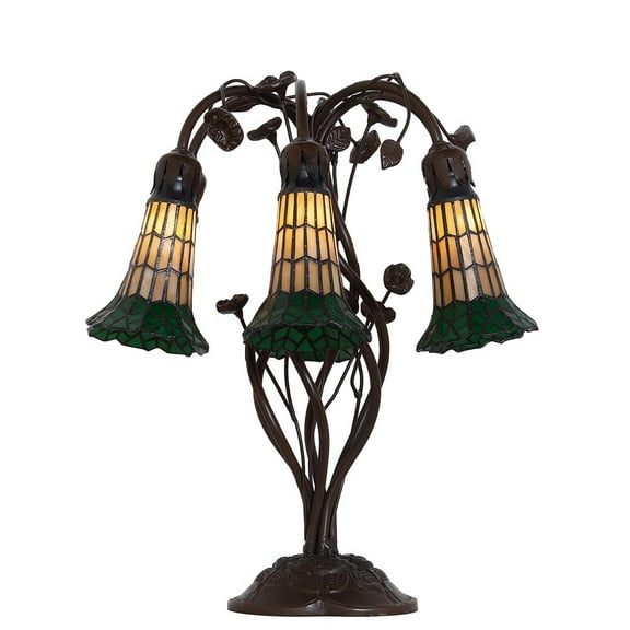 Meyda Tiffany 102415 Six Light Table Lamp   Mahogany Bronze Finish with Lily Amber and Green Glass