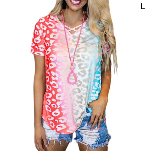 Camiseta con cuello en V y manga corta para niña, camiseta con estampado de verano para mujer, rojo, L Vogacara AP001867-11