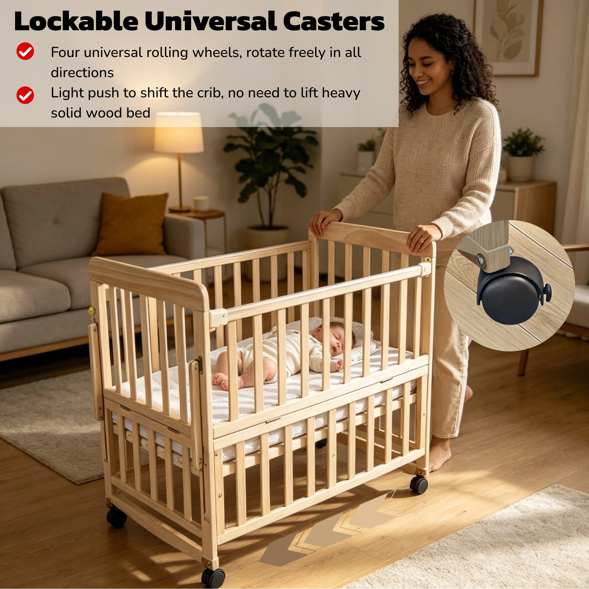 Mintazer Convertible Kids Crib with Height Adjustable, Bedside Bassinet with Lockable Wheels & Mattress, Extendable Rocking Cradle for Newborn to Toddler, Natural