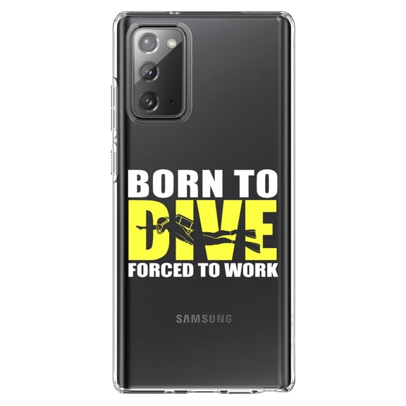 DistinctInk Clear Shockproof Hybrid Case for Galaxy Note 20 ULTRA (6.9" Screen) - TPU Bumper Acrylic Back Tempered Glass Screen Protector - Born to Dive, Forced to Work