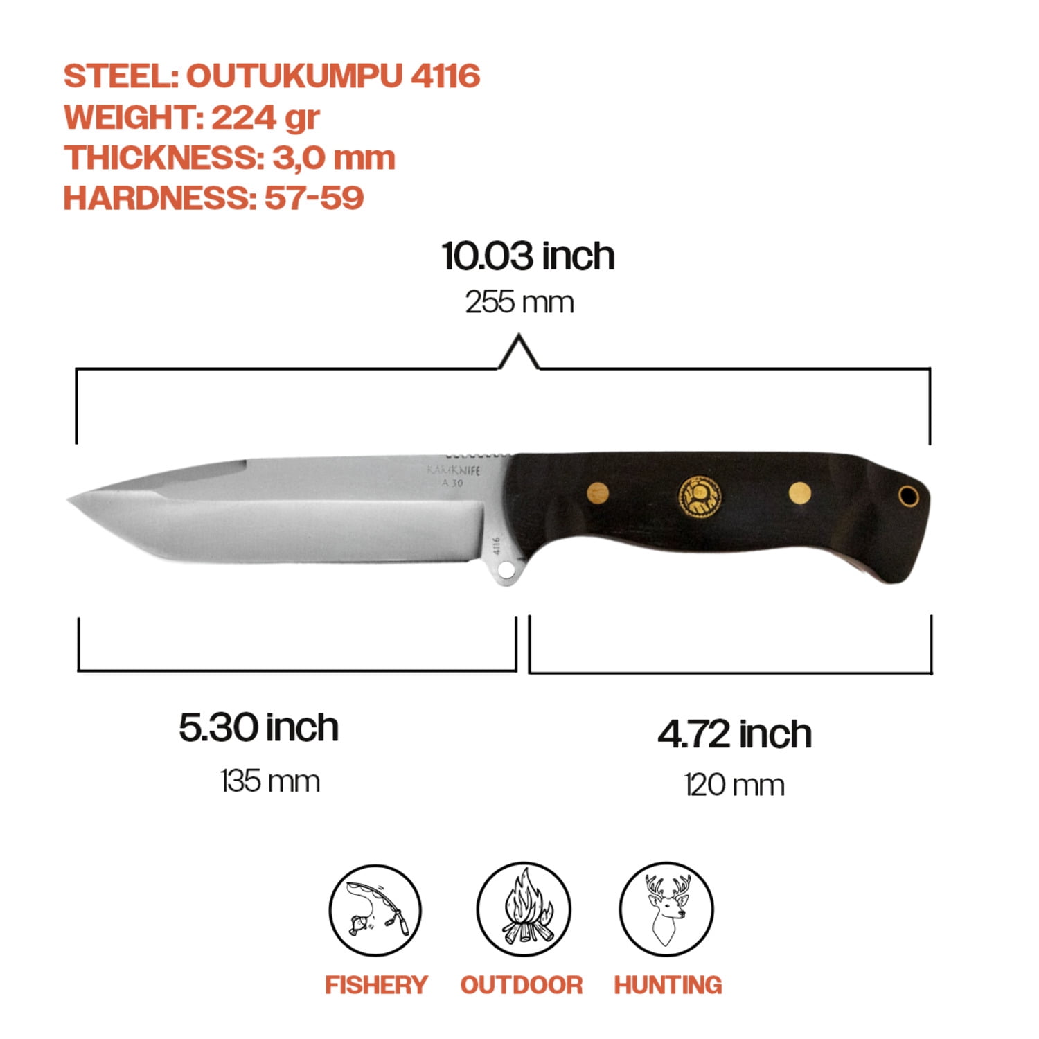Kam Knife – A30 4116 Steel Black Handle Tactical Fixed Blade