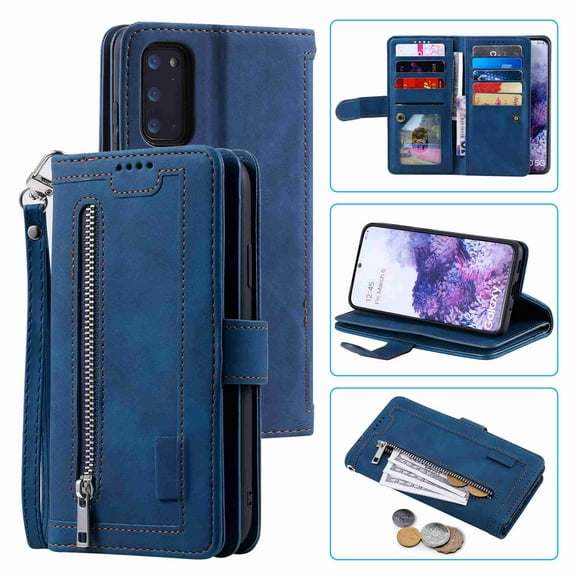 Dteck Case For Samsung S20 Plus 5G (6.7 inch) PU Leather 9 Card Holder Flip Magnetic Wallet Purse Case with Zipper Coin Cash Pocket Fold Stand Cover, darkblue