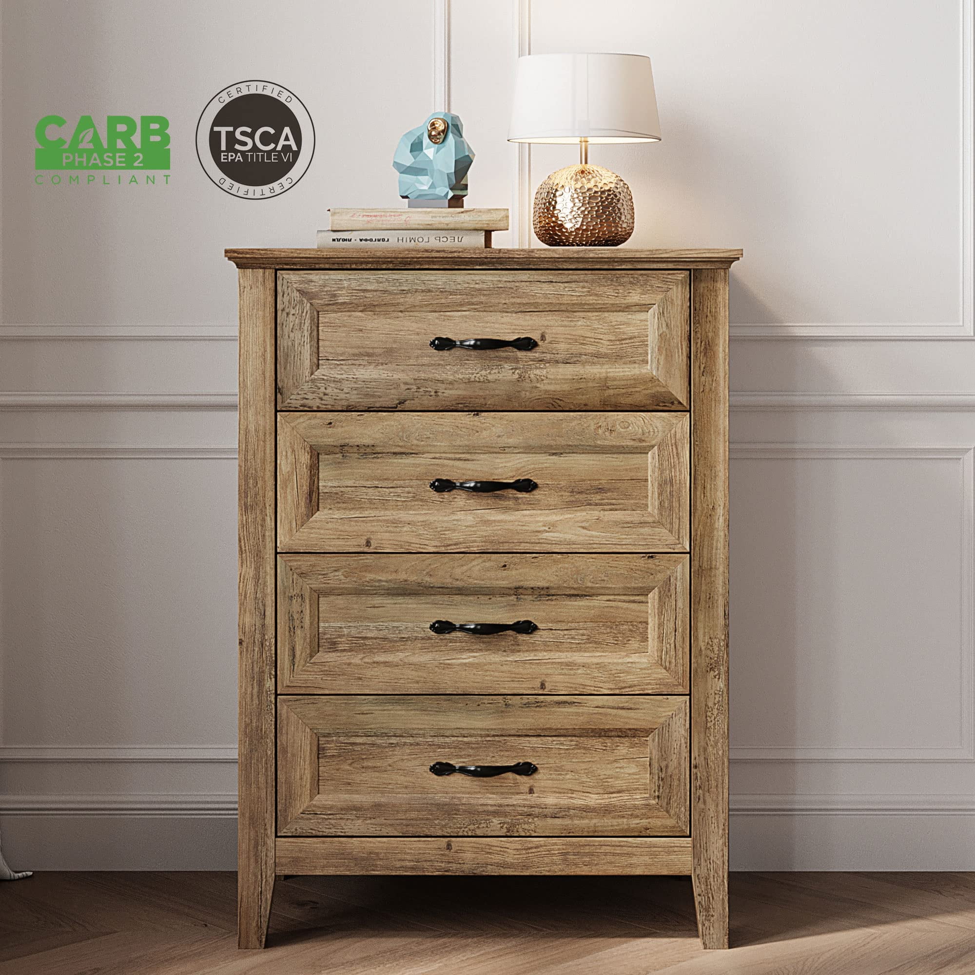 LINSY HOME Brown Dressers for Bedroom,Wood Chest of 4 Drawers