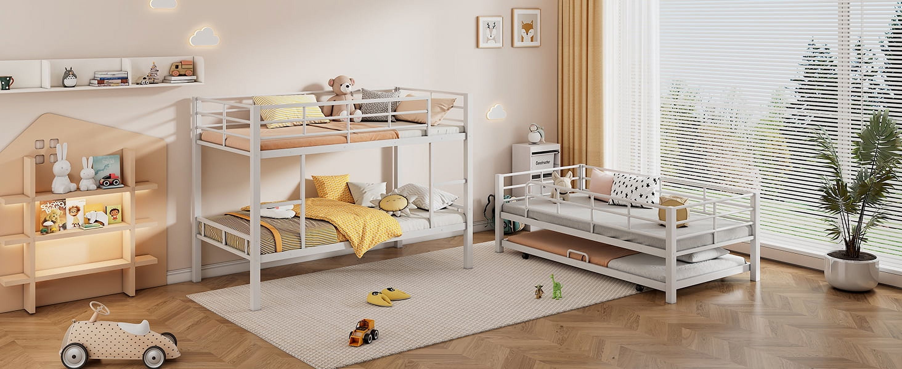Metal Twin Size Triple Bunk Bed With Trundle, White