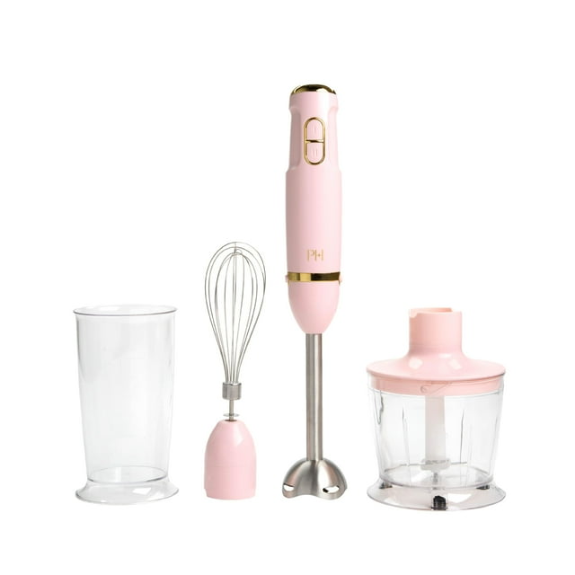 Paris Hilton Hand Blender Set, 2-in-1 Immersion Stick Blender with Whisk & Blending Shaft, 400W High Speed, Pink with Gold Accents – Smoothies,