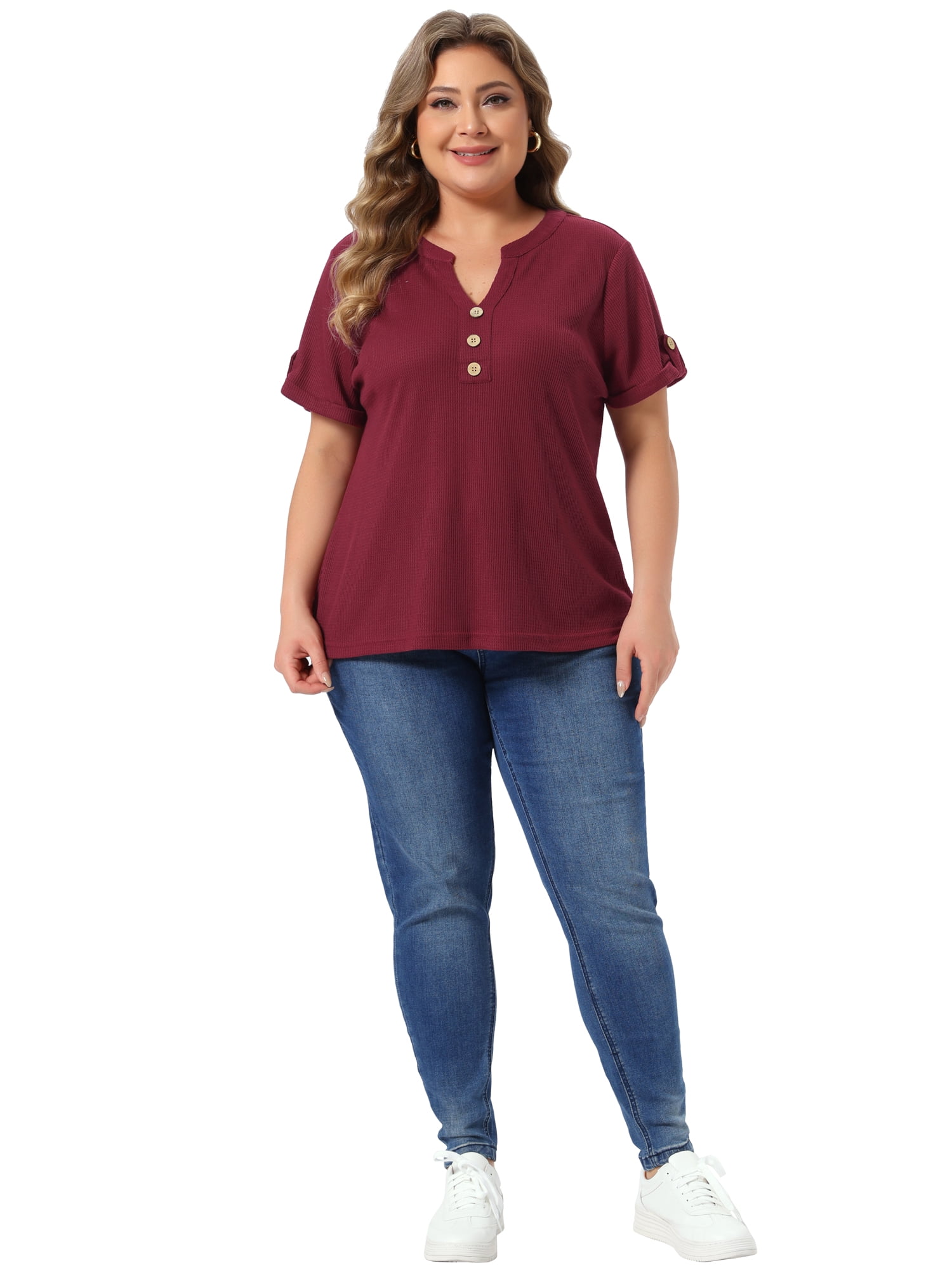 DARING DIVA Women's Plus Women's Waffle Tunic Tops  Button V Neck Casual Blouse 4X Wine