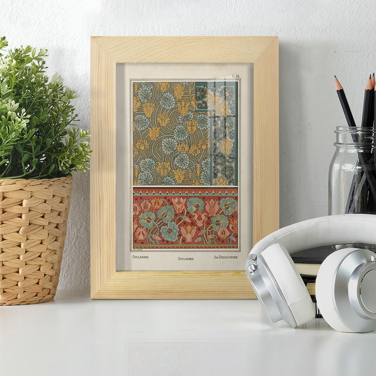 Nouveau Decorative I - Framed Print w/glass - Natural Wood