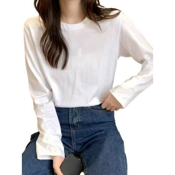 Whichone Women's Cotton Crewneck Tee with Long Sleeves, Sizes S-XL