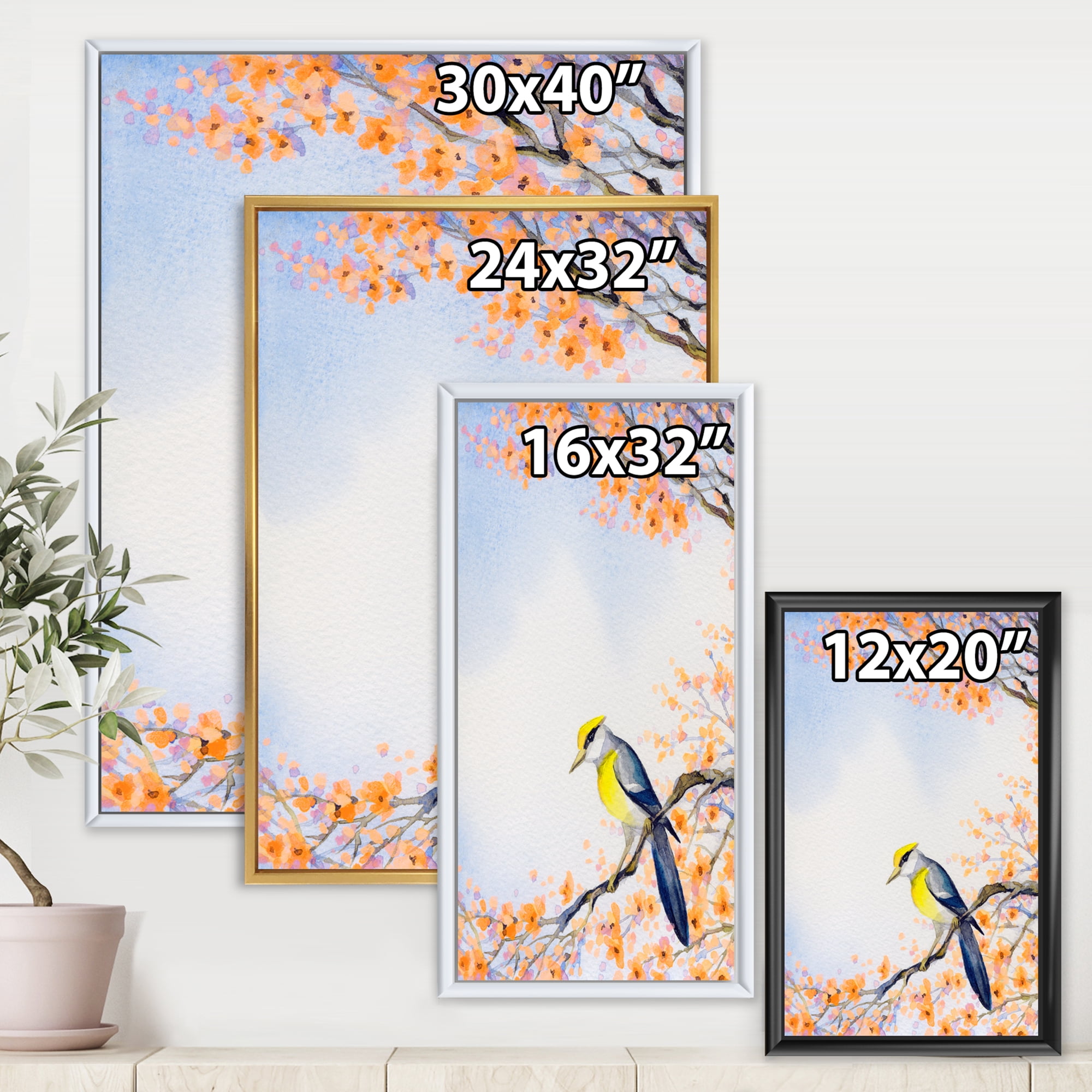 Beautiful Blue Bird Sitting On Flowering Branch II 24 in x 32 in Framed Painting Canvas Art Print, by Designart