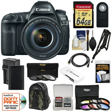 Canon EOS 5D Mark IV 4K Wi-Fi Digital SLR Camera & EF 24-105mm f/4L IS II USM Lens with 64GB Card + Battery & Charger + Backpack + Filters + Kit
