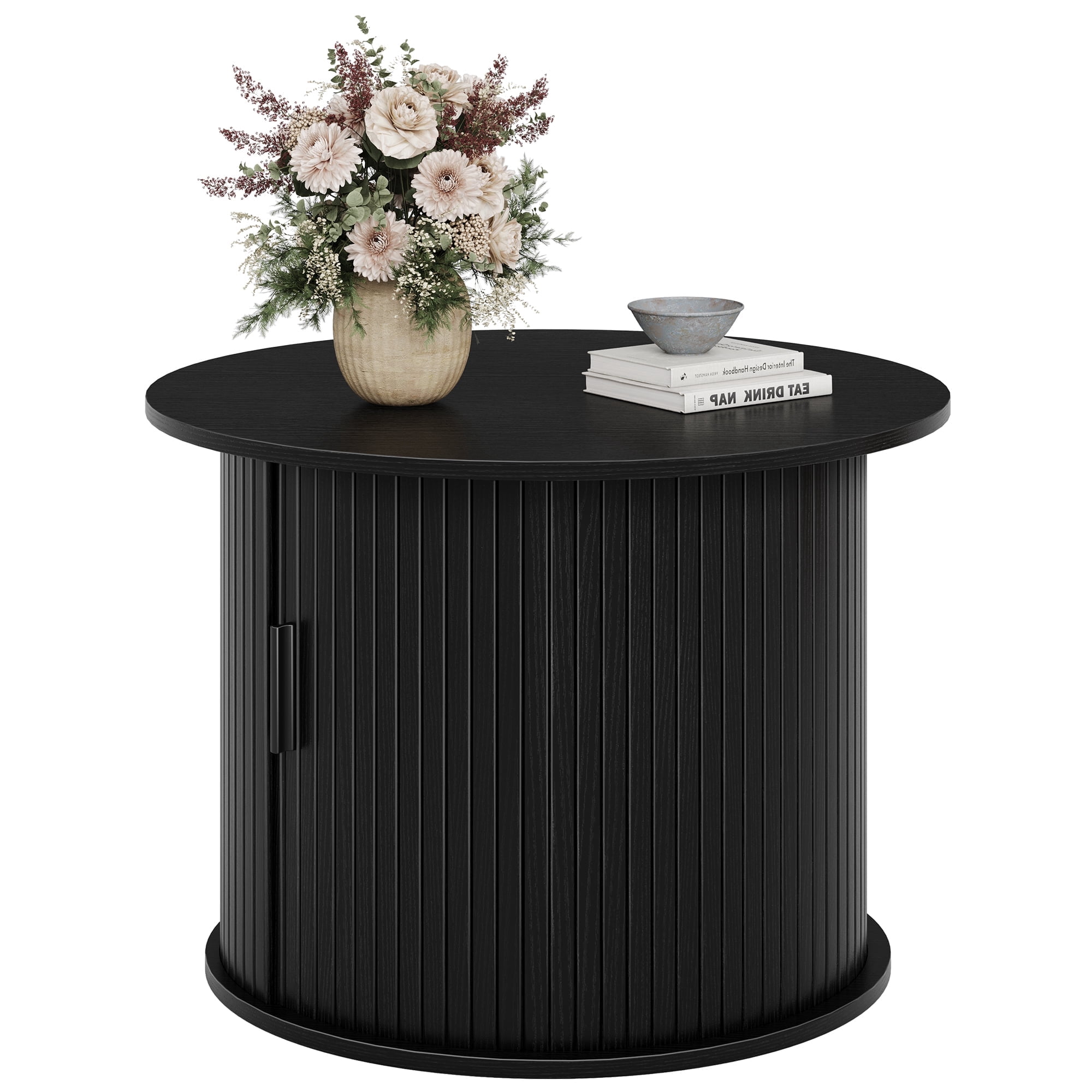 GUNAITO Round Small Coffee Table with Storage, Modern Farmhouse Center Table with Shelf Wood Table for Living Room, Black