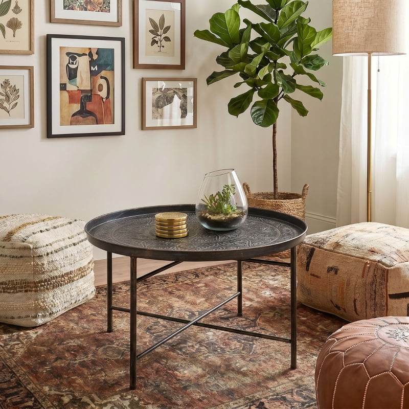 Alvantor Round Coffee Table with Hammered Tray Top & Metal Frame 24"x24"x15.7" Pewter
