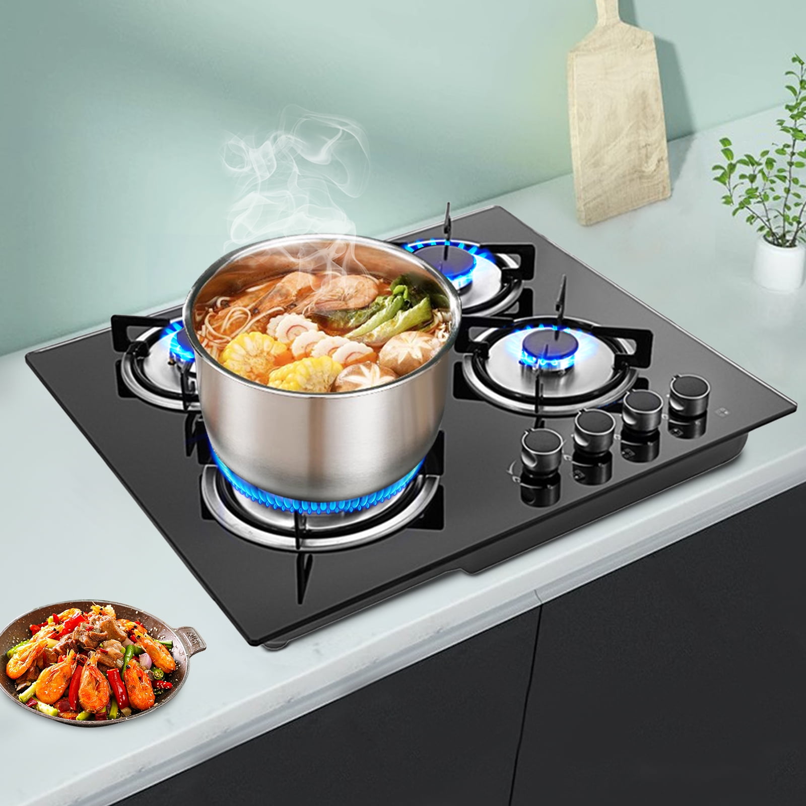 Miumaeov 23” Built-in Gas Cook Cooktop Stove, 4 Burner NG/LPG Gas Hob Cooktop Electronic Ignition High-Power Gas Stove Countertop Tempered Glass