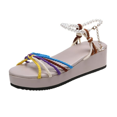 

SEMIMAY Ladies Fashion Summer Colorful Braided Strap Pearl Buckle Platform Wedge Sandals Beige