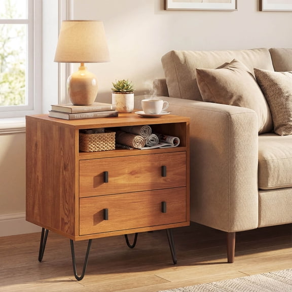 Costway 1 PCS 2-Drawer Nightstand with Storage Compartment, Metal Hairpin Legs for Living Room Walnut