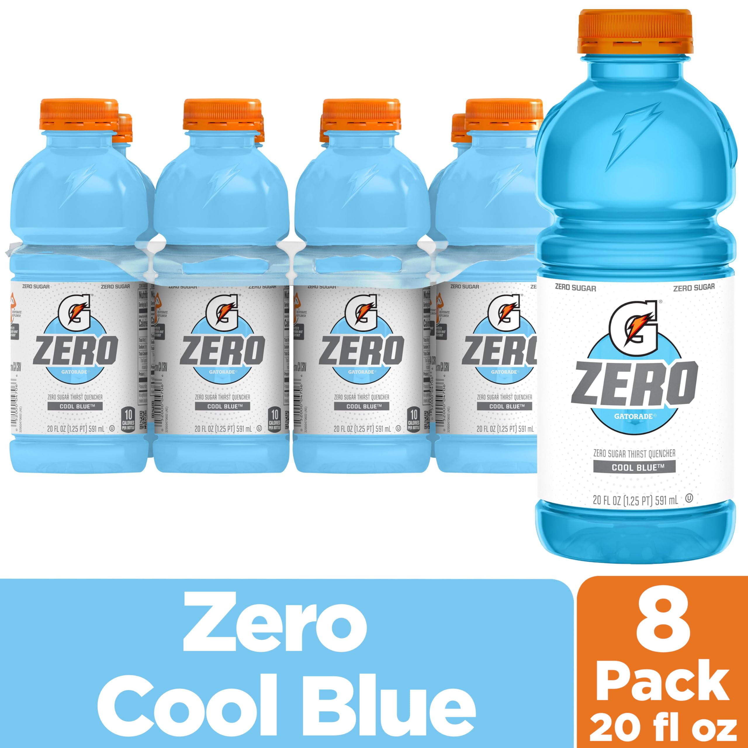 Pack of 2 - Gatorade Thirst Quencher Zero Sugar Sports Drink, Cool Blue, 20Oz Bottles, 8 Pack, Electrolytes For Rehydration