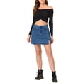 thumbnail image 2 of Unique Bargains Jupe en Jean pour Femmes Taille Haute Boutonnée devant Ajustée Mini Jupe en Jean Bleue TP, 2 of 7