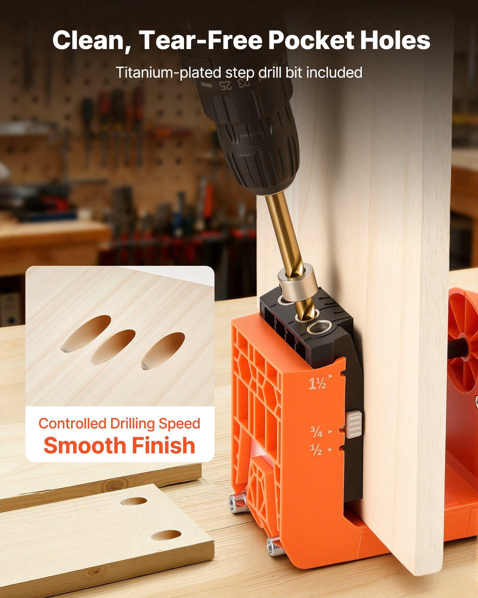 Pocket Hole Jig Kit Adjustable 1/2 3/4 1-1/2 Inch 360 Rotating Handle with 260 Screws C-Clamp Stop Collar Drill Bit for Woodworking