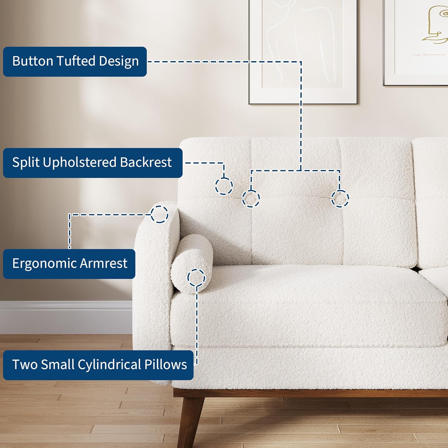 IdealHouse 65" Loveseat Sofa, Mid Century Modern 2-Seater Couch, Teddy Fleece Boucle Upholstered, Deep Seat Love Seat for Living Room, Bedroom, Beige